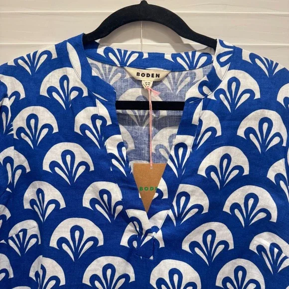 NEW Boden Blue & White Geometric Print Linen Tunic V Neck Dress‎ Sz 12R *No Belt - Picture 2 of 11